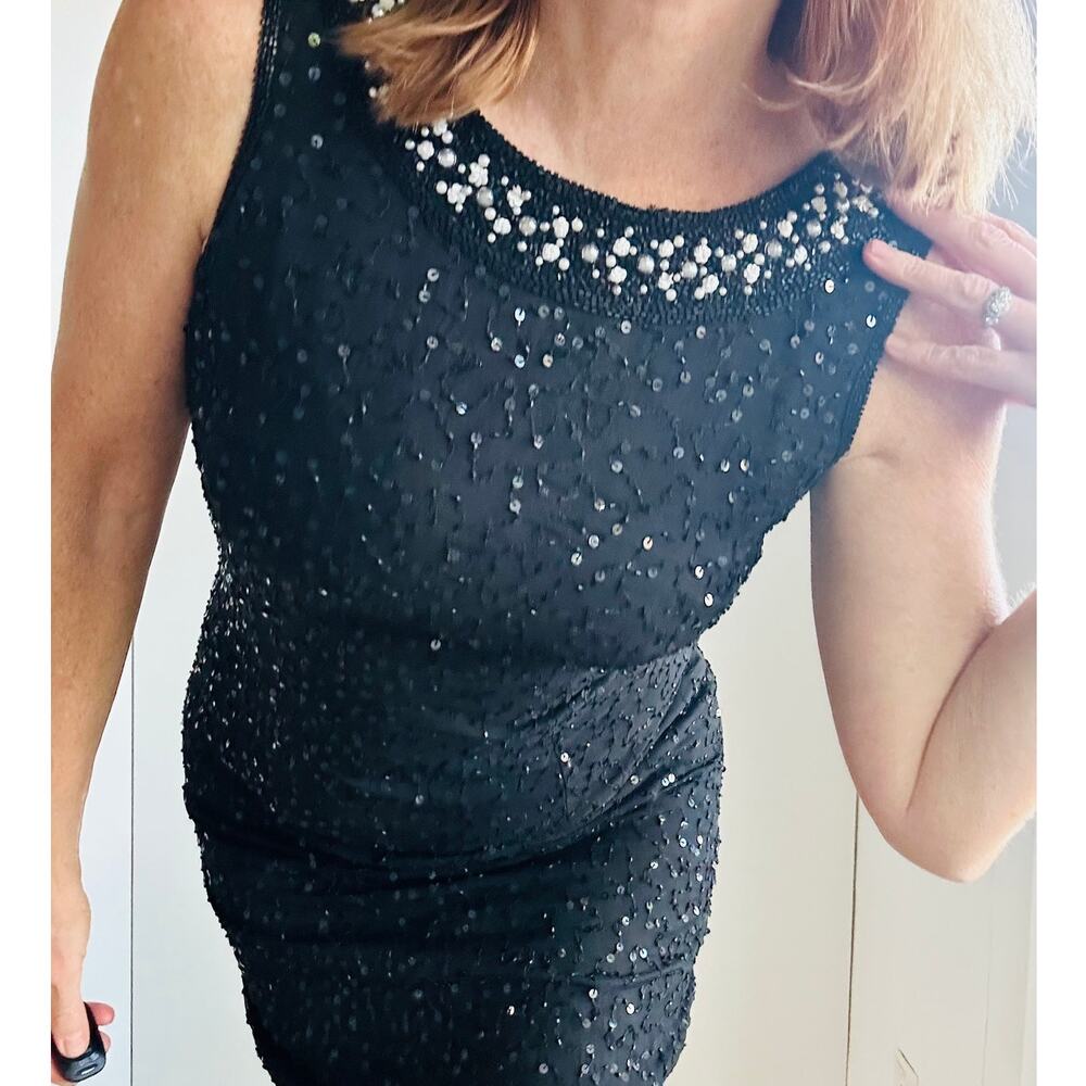 VTG 90s Silk Beaded Dress M LBD Cocktail Sheath Embellished Formal - Picture 9 of 14